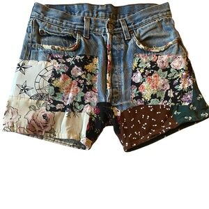 Patchwork Floral Denim Women’s Shorts - Blue